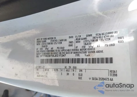 2020 Ford F-250 Xl z USA, uszkodzony, nr VIN 1FT7W2BT0LEC17247